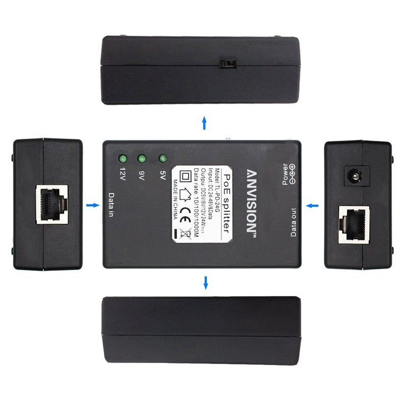 ANVISION Active Gigabit PoE Splitter Adapter with Multi-Size Tips, IEEE 802.3af Compliant, DC 5V 9V 12V Power Output, for IP Camera AP Voip Phone and More - Image 2